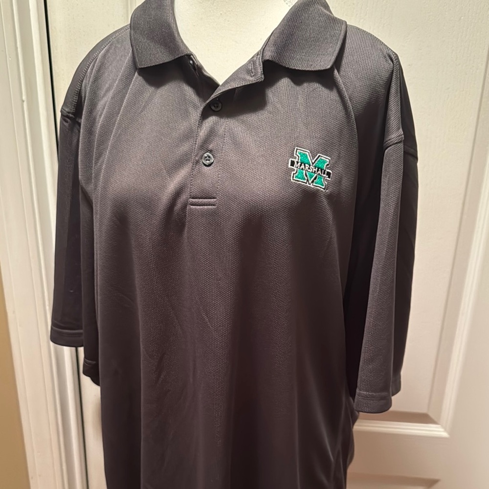Charcoal Gray Polo Shirt with Embroidered Marshall University Logo